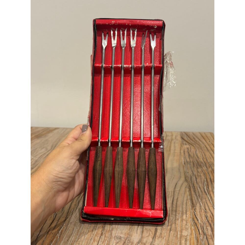 Vintage Set of 6 Stainless Steel Rose Handled Fondue Forks NIB